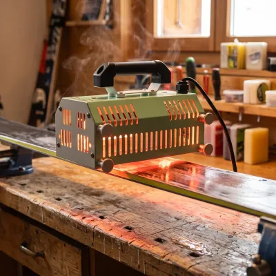 Farteuse infrarouge professionnelle posée sur un établi d'atelier, ski en cours de fartage, halo de chaleur visible sur la semelle.