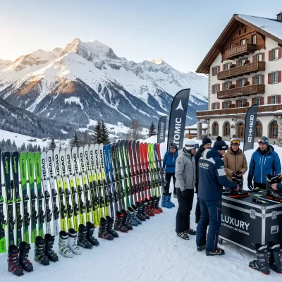 Alignement de skis haut de gamme préparés pour un séminaire d'entreprise sur la neige devant un hôtel suisse.