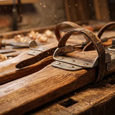 Détail macro sur le grain de bois d'un ski ancien en hickory, montrant les nervures naturelles et une fixation métallique d'époque.